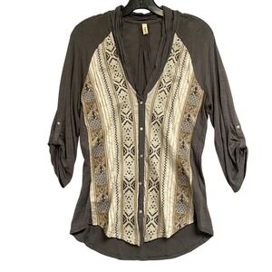 Antropologie Tiny Embroidered  Roll Tab Top Small Gray Ivory Tunic Blouse Boho